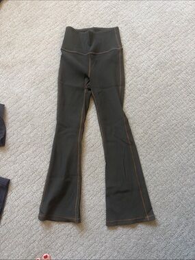 Athleta Olive Green Ribbed Flare Leggings with Contrast Stitching